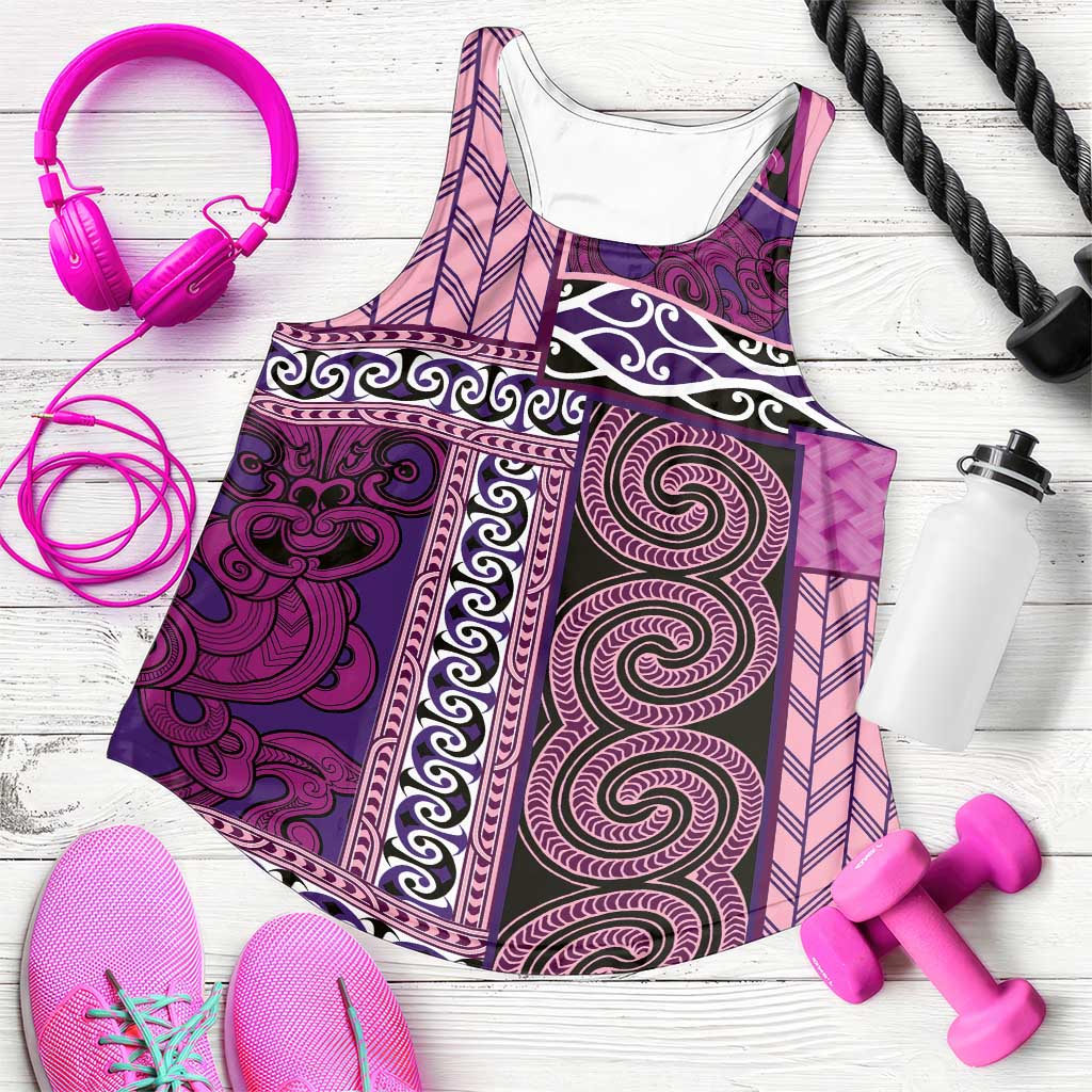 Pink Aotearoa Kowhaiwhai Pattern Women Racerback Tank NZ Maori Quilt Style - Polynesian Pride