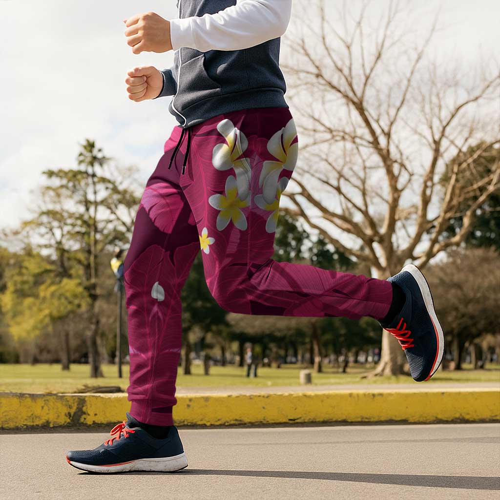 Pink Banana Leaf Hawaii Jogger Pants Lau Maia Plumeria Tropical Summer Vibes