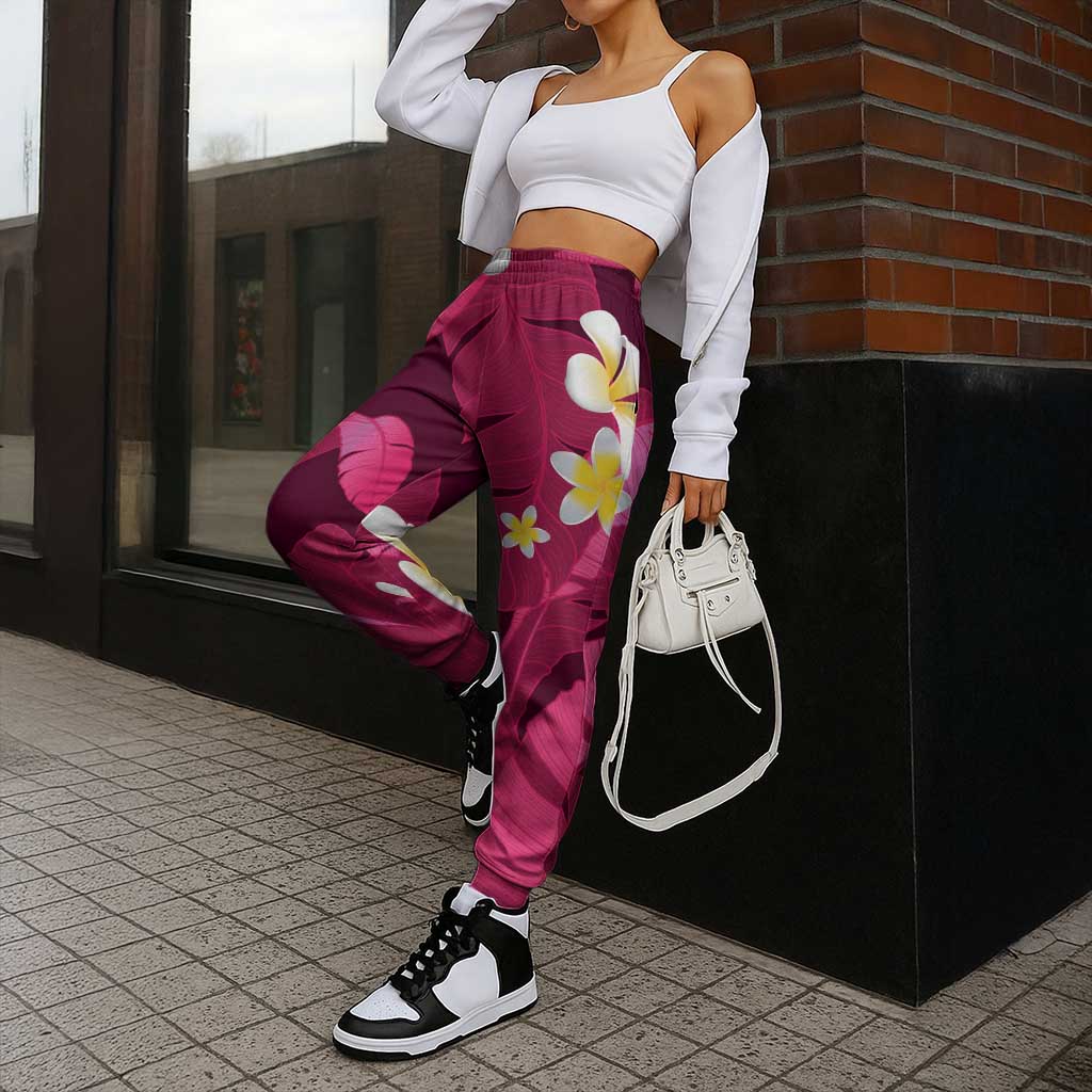 Pink Banana Leaf Hawaii Jogger Pants Lau Maia Plumeria Tropical Summer Vibes