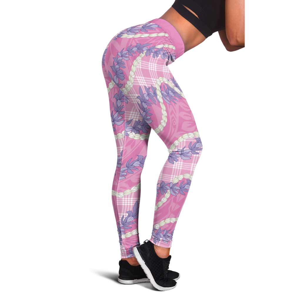 Pink Hawaii Palaka Honohono Pikake Leggings Hawaiian Orchid Lei Polynesian Pattern - Polynesian Pride