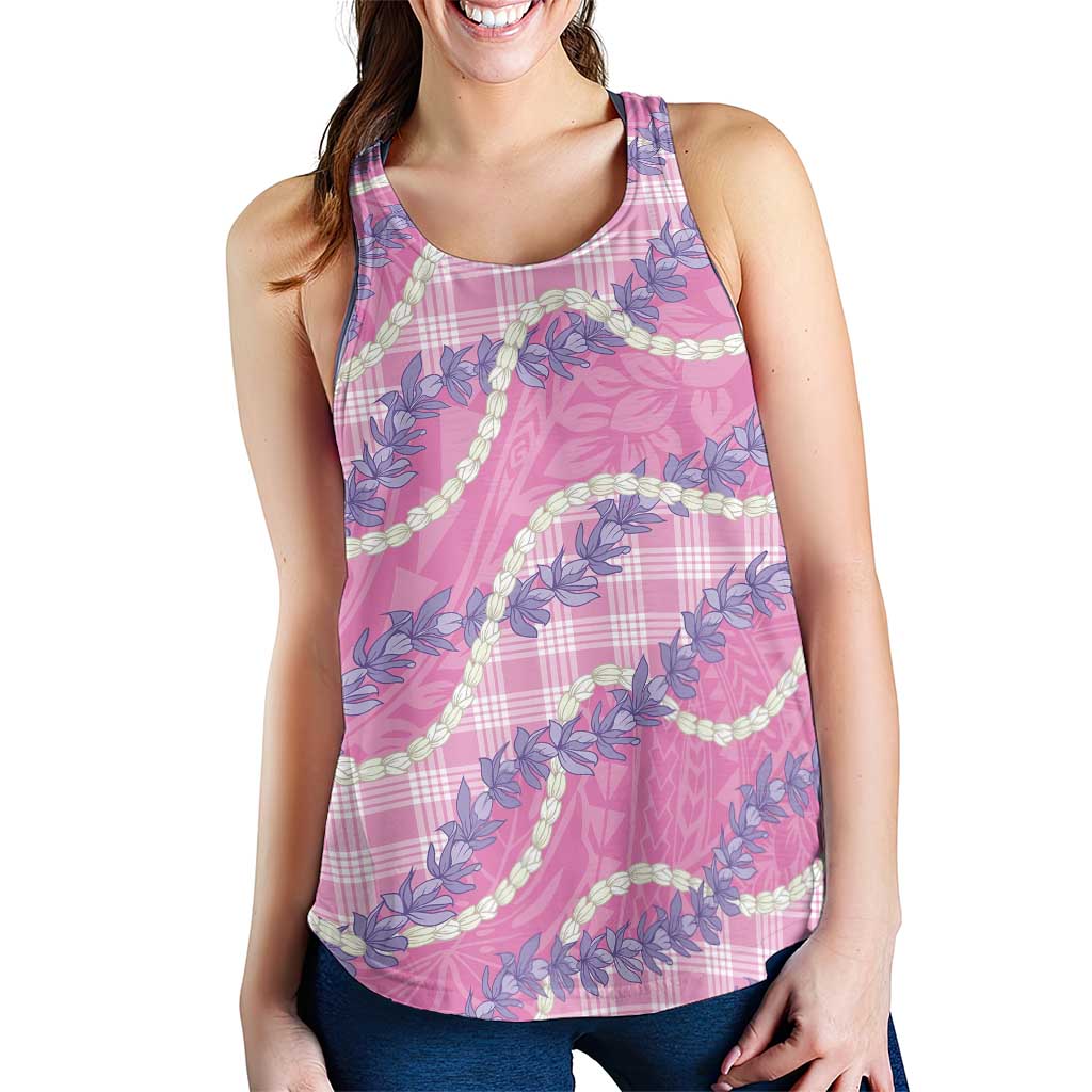 Pink Hawaii Palaka Honohono Pikake Women Racerback Tank Hawaiian Orchid Lei Polynesian Pattern - Polynesian Pride