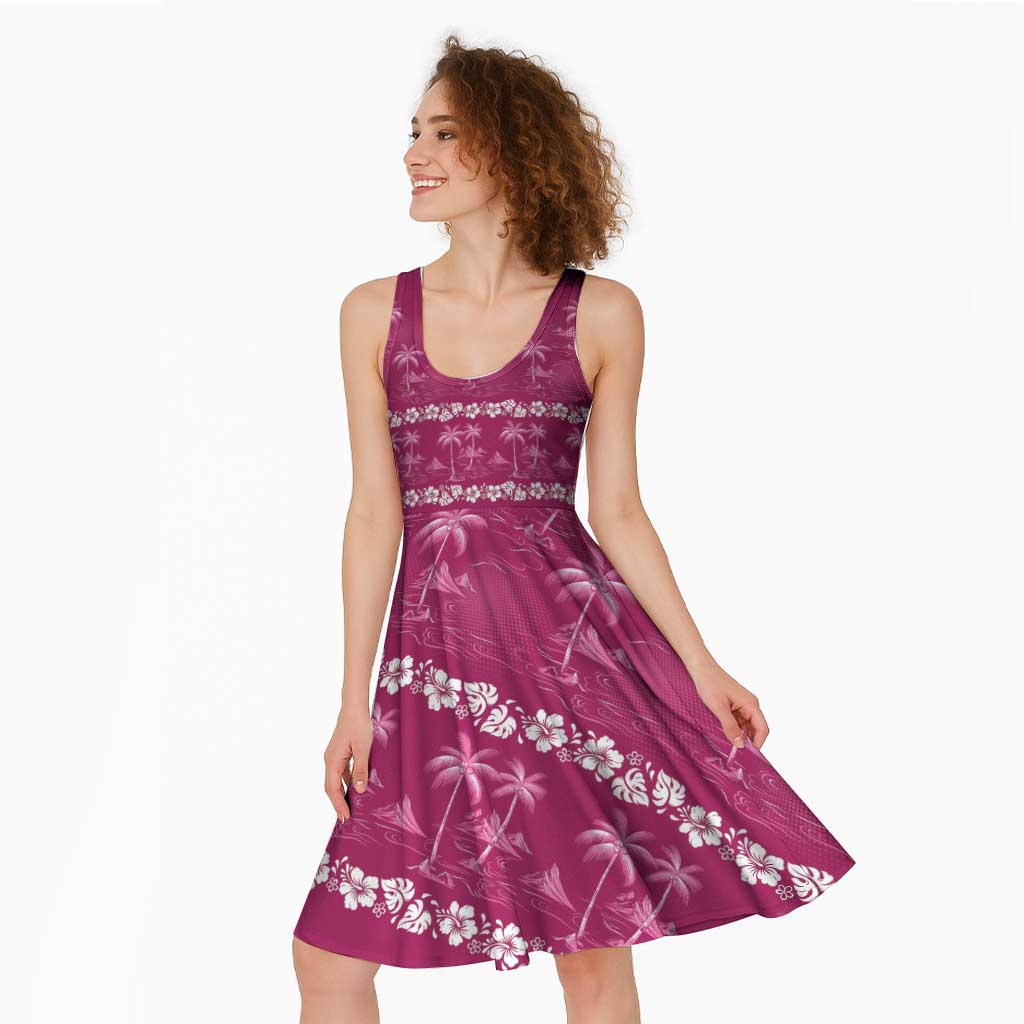 Pink Hawaii Palm Tree Hibiscus Midi Dress Fantasy Summer Vibe