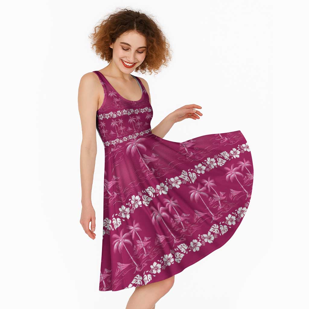 Pink Hawaii Palm Tree Hibiscus Midi Dress Fantasy Summer Vibe