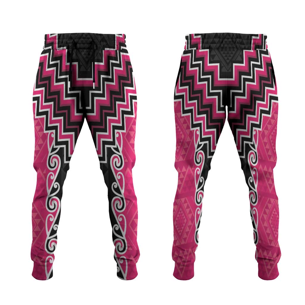 Pink Niho Taniwha Mix Poutama Jogger Pants Unique Taniko Aotearoa LT01 Pink - Polynesian Pride