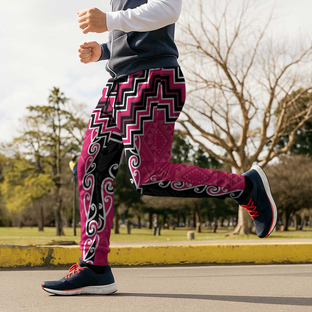 Pink Niho Taniwha Mix Poutama Jogger Pants Unique Taniko Aotearoa LT01 - Polynesian Pride
