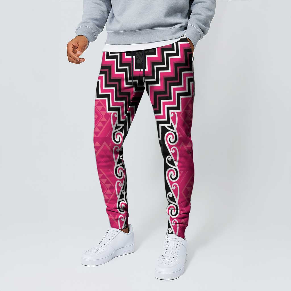 Pink Niho Taniwha Mix Poutama Jogger Pants Unique Taniko Aotearoa LT01 - Polynesian Pride