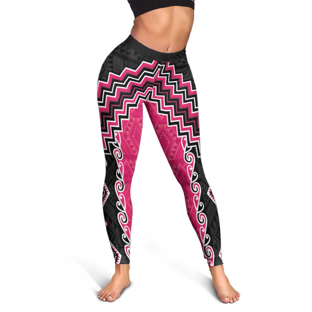 Pink Niho Taniwha Mix Poutama Leggings Unique Taniko Aotearoa LT01 - Polynesian Pride