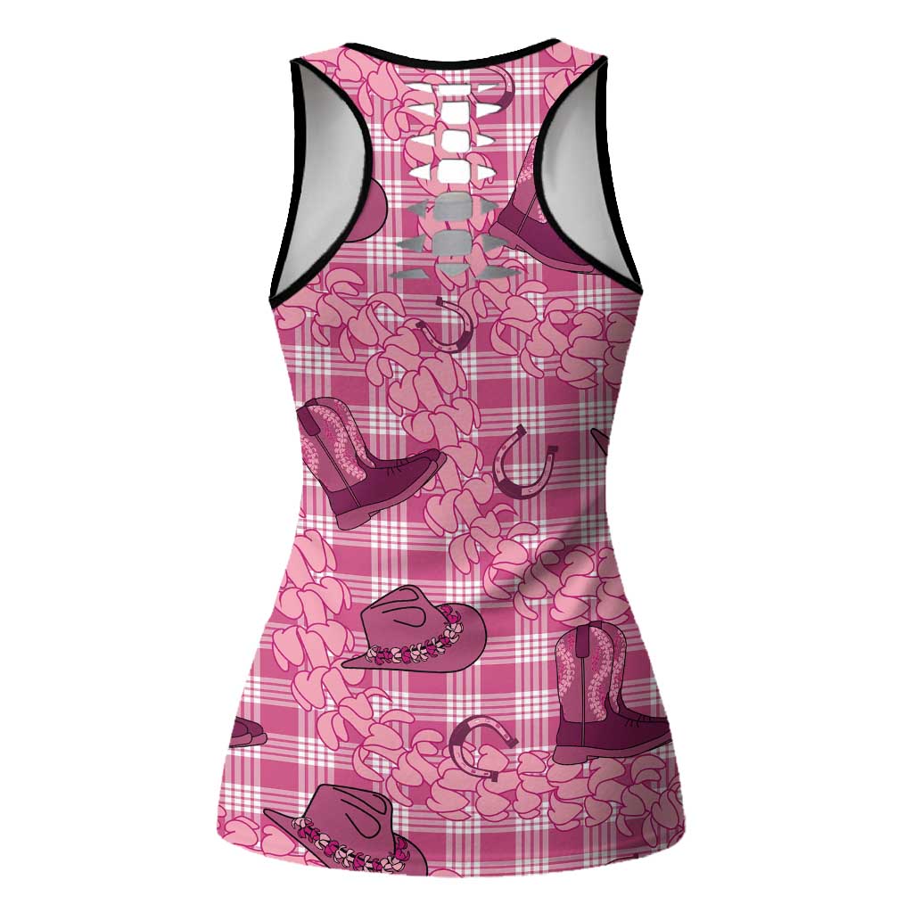 Pink Palaka Hawaii Cowboy Hollow Tank Top Puakenikeni Lei Paniolo Papale Seamless Vibes - Polynesian Pride