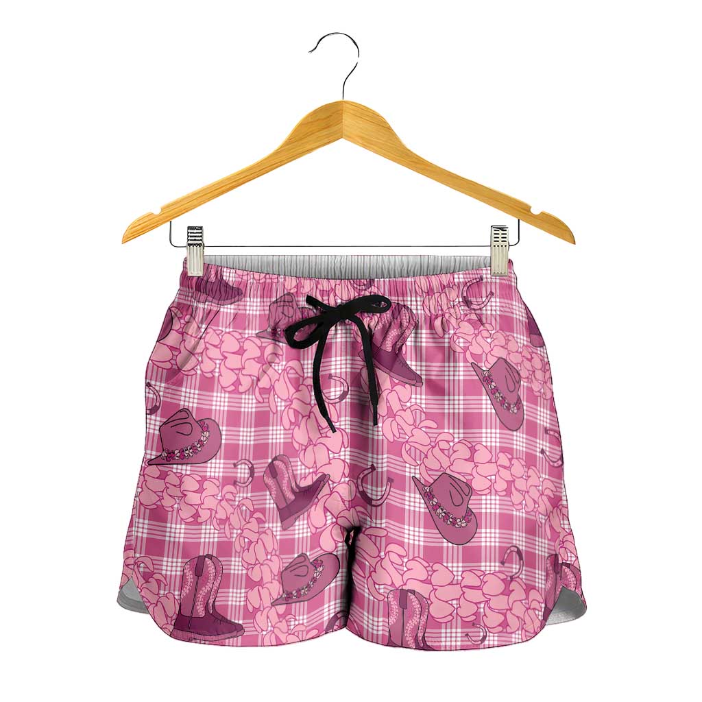 Pink Palaka Hawaii Cowboy Shorts for Women Puakenikeni Lei Paniolo Papale Seamless Vibes - Polynesian Pride