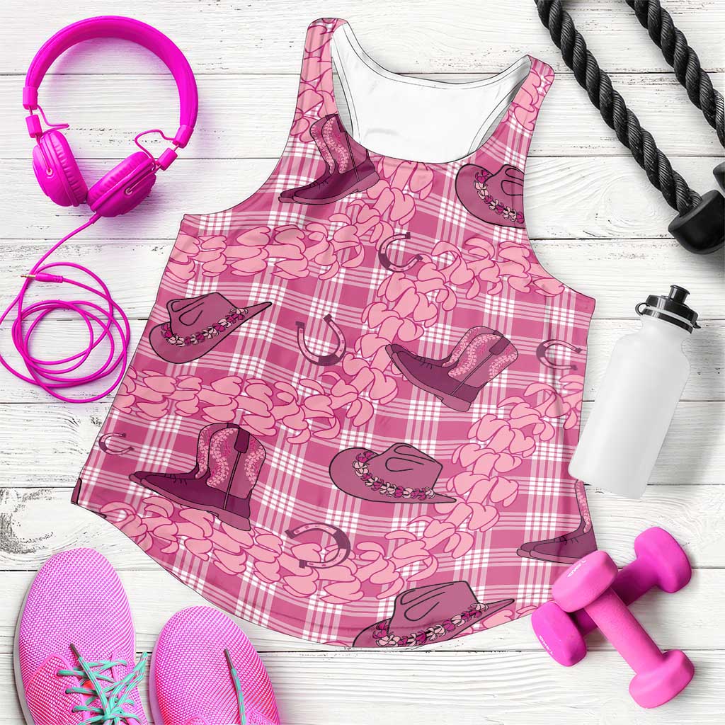 Pink Palaka Hawaii Cowboy Women Racerback Tank Puakenikeni Lei Paniolo Papale Seamless Vibes - Polynesian Pride