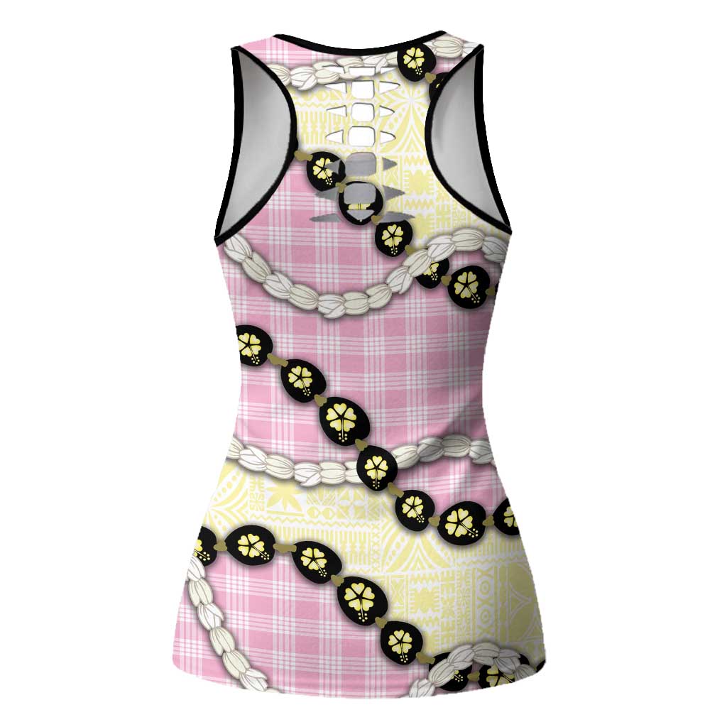 Pink Palaka Hawaii Hollow Tank Top Kukui Nut Pikake Lei Hawaiian Tapa Pattern LT14 - Polynesian Pride