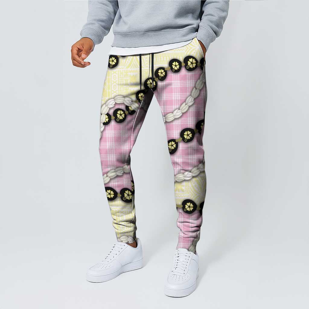 Pink Palaka Hawaii Jogger Pants Kukui Nut Pikake Lei Hawaiian Tapa Pattern LT14 - Polynesian Pride