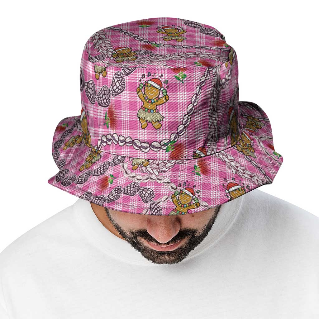 Pink Palaka Hawaii Mele Kalikimaka Bucket Hat Ohia Lehua Shell Leis Funny Gingerbread Santa - Polynesian Pride