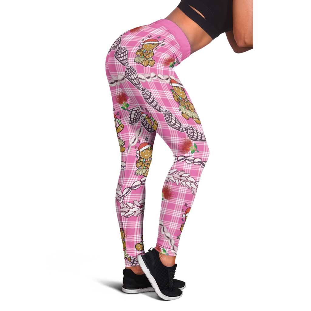 Pink Palaka Hawaii Mele Kalikimaka Leggings Ohia Lehua Shell Leis Funny Gingerbread Santa - Polynesian Pride