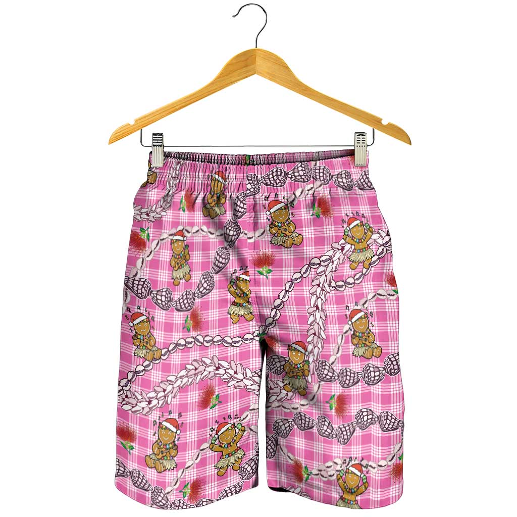 Pink Palaka Hawaii Mele Kalikimaka Shorts for Men Ohia Lehua Shell Leis Funny Gingerbread Santa LT14 - Polynesian Pride