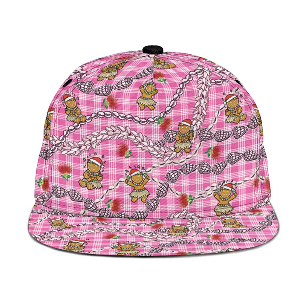 Pink Palaka Hawaii Mele Kalikimaka Snapback Cap Ohia Lehua Shell Leis Funny Gingerbread Santa - Polynesian Pride