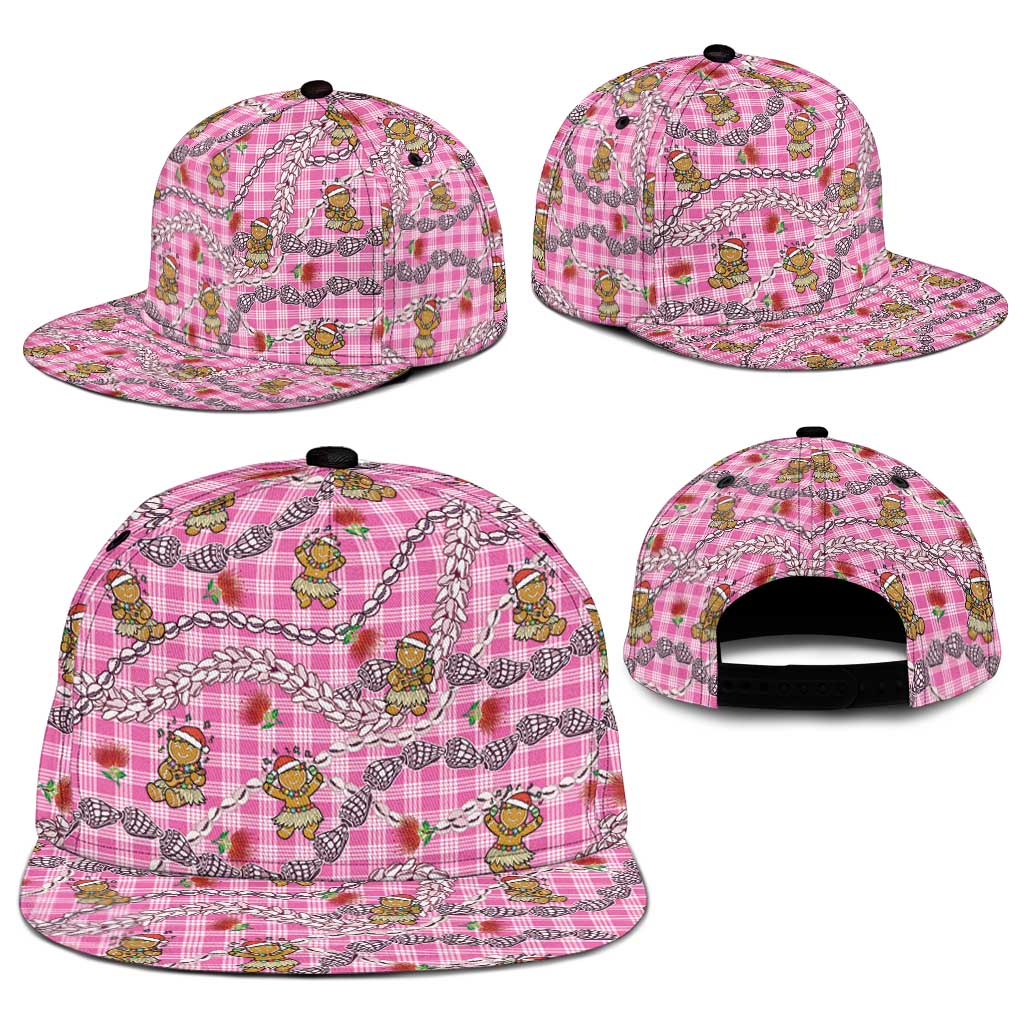 Pink Palaka Hawaii Mele Kalikimaka Snapback Cap Ohia Lehua Shell Leis Funny Gingerbread Santa - Polynesian Pride