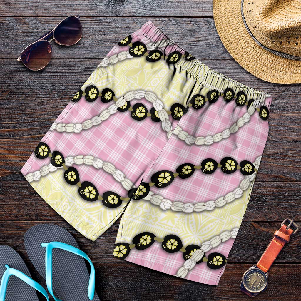 Pink Palaka Hawaii Shorts for Men Kukui Nut Pikake Lei Hawaiian Tapa Pattern LT14 Pink - Polynesian Pride