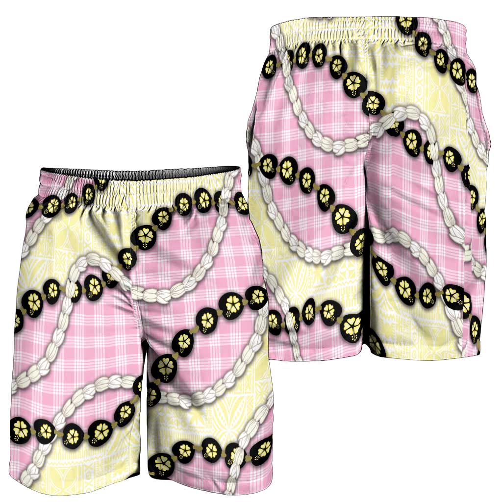 Pink Palaka Hawaii Shorts for Men Kukui Nut Pikake Lei Hawaiian Tapa Pattern LT14 - Polynesian Pride