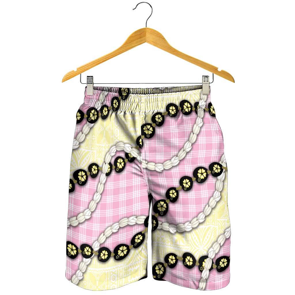 Pink Palaka Hawaii Shorts for Men Kukui Nut Pikake Lei Hawaiian Tapa Pattern LT14 - Polynesian Pride
