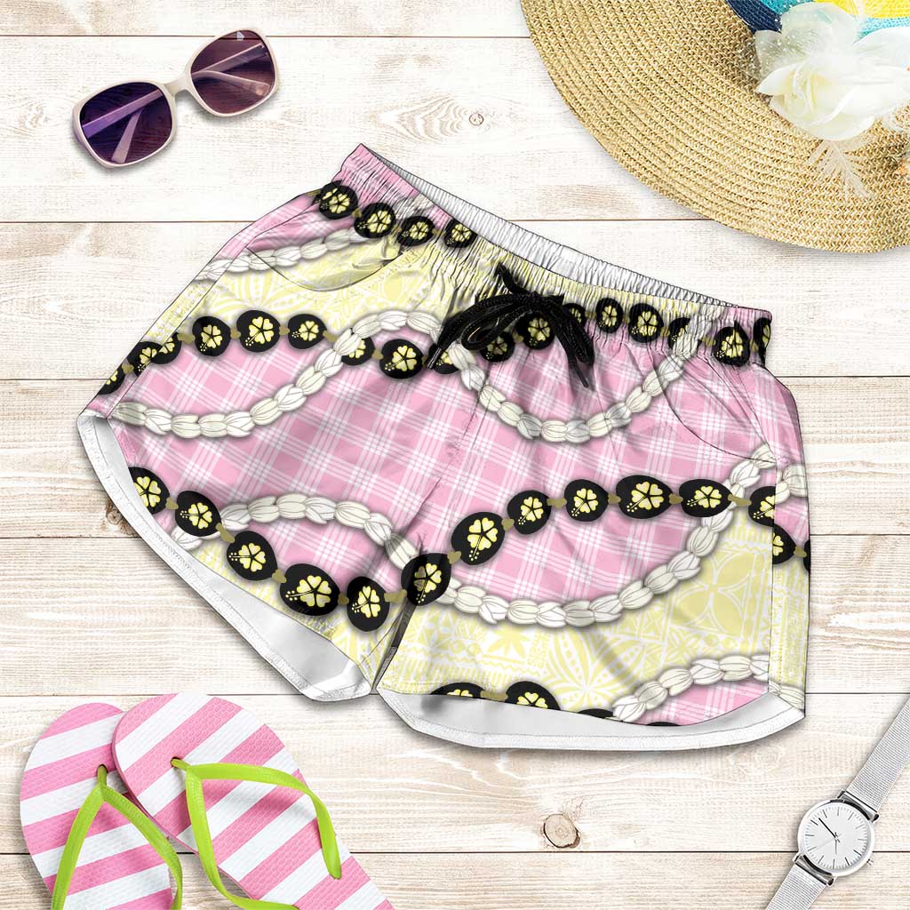 Pink Palaka Hawaii Shorts for Women Kukui Nut Pikake Lei Hawaiian Tapa Pattern LT14 Pink - Polynesian Pride