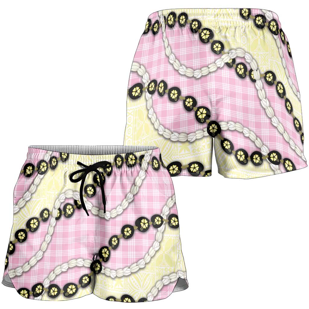 Pink Palaka Hawaii Shorts for Women Kukui Nut Pikake Lei Hawaiian Tapa Pattern LT14 - Polynesian Pride