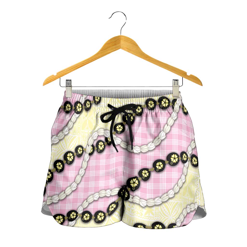 Pink Palaka Hawaii Shorts for Women Kukui Nut Pikake Lei Hawaiian Tapa Pattern LT14 - Polynesian Pride