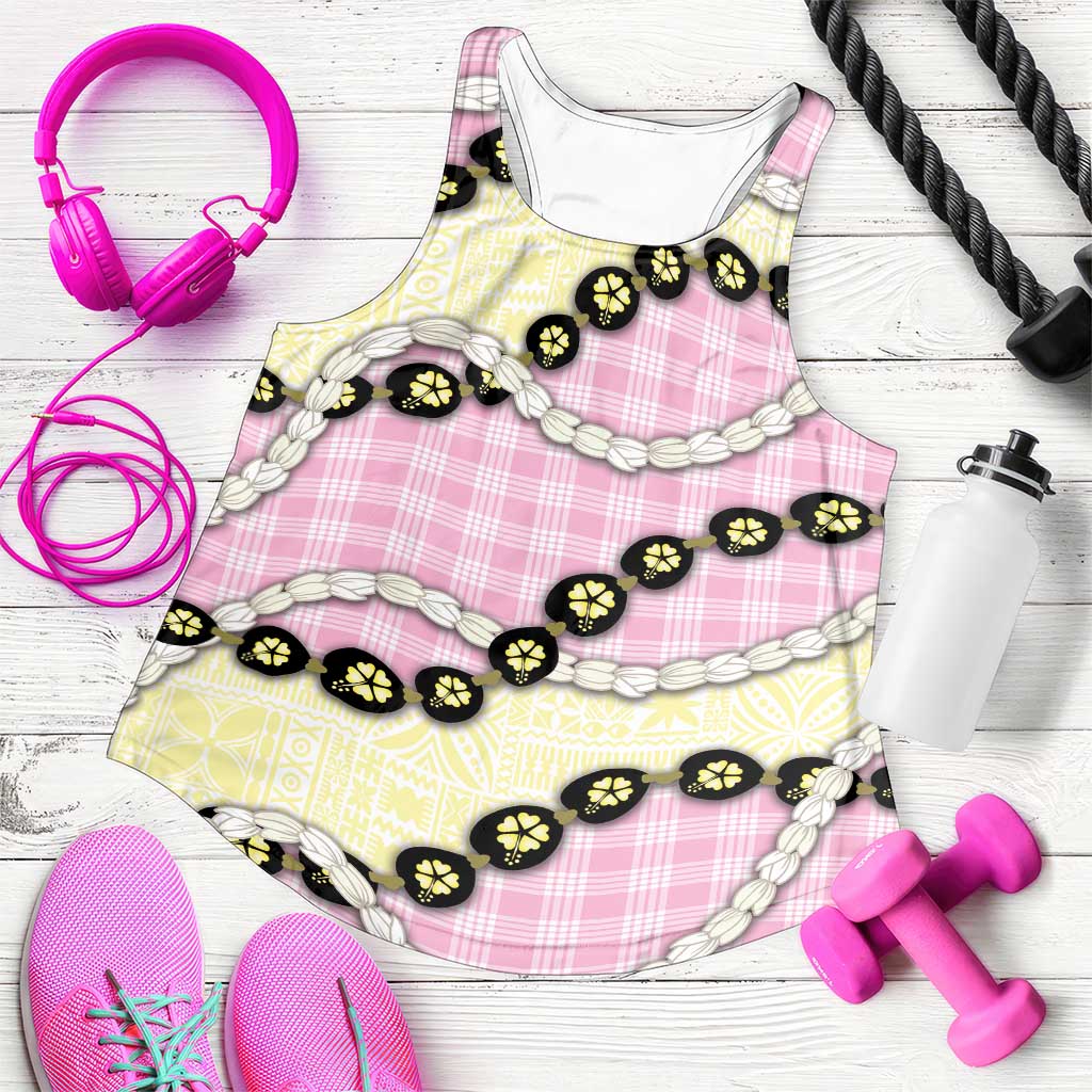Pink Palaka Hawaii Women Racerback Tank Kukui Nut Pikake Lei Hawaiian Tapa Pattern LT14 Pink - Polynesian Pride
