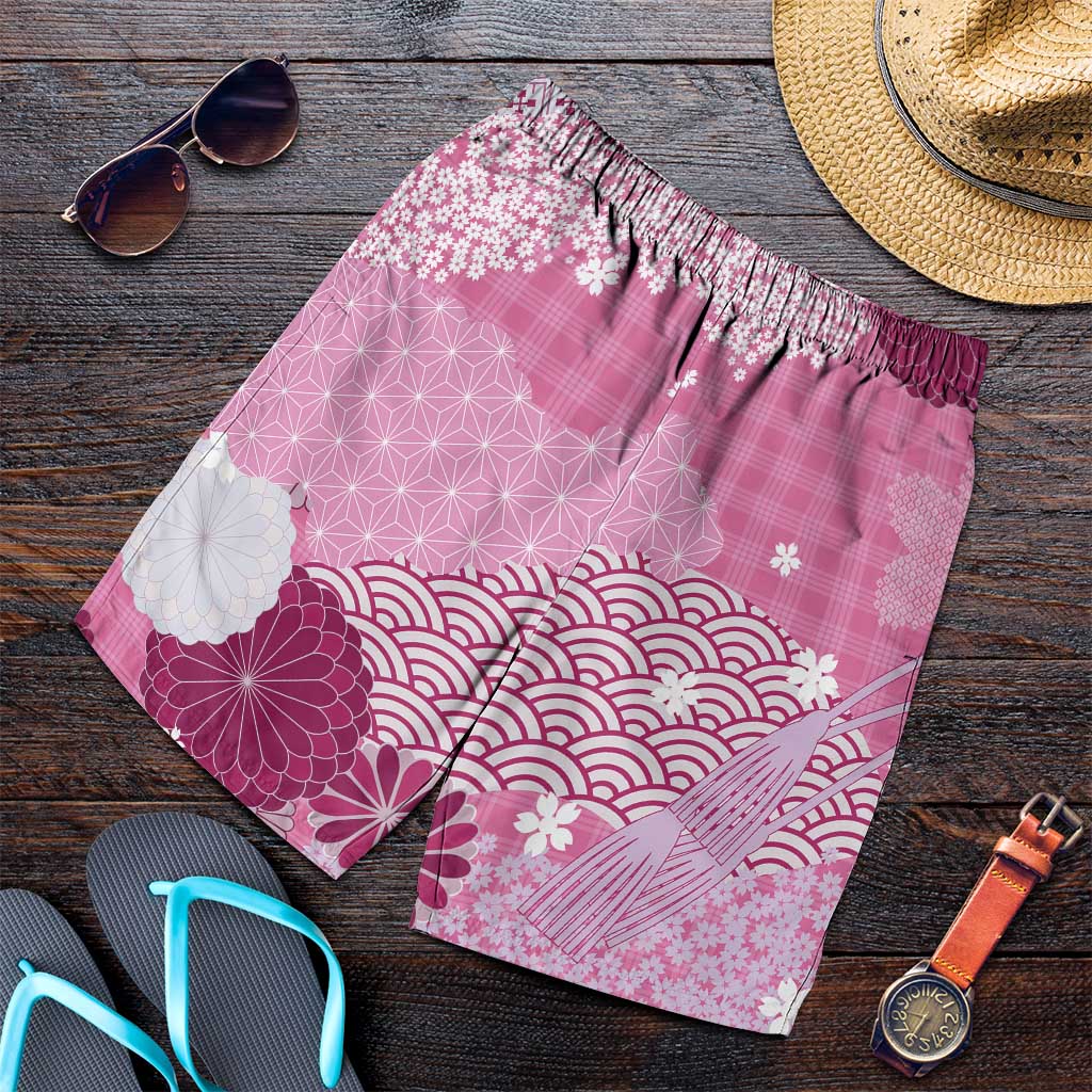 Pink Palaka Japanese Traditional Shorts for Men Asanoha Seigaiha Sakura Motif LT14 Pink - Polynesian Pride