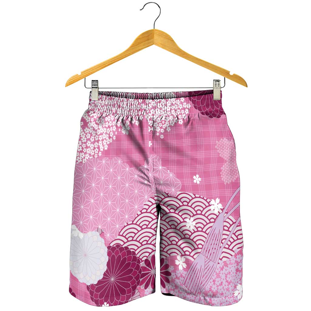 Pink Palaka Japanese Traditional Shorts for Men Asanoha Seigaiha Sakura Motif LT14 - Polynesian Pride