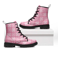 Pink Palaka Quilt Hawaii Leather Boots Traditional Hawaii-plaid Pattern - Polynesian Pride