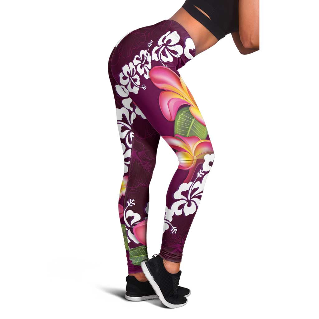 Pink Polynesia Leggings Plumeria With Hibiscus Pattern Tropical Vibes - Polynesian Pride