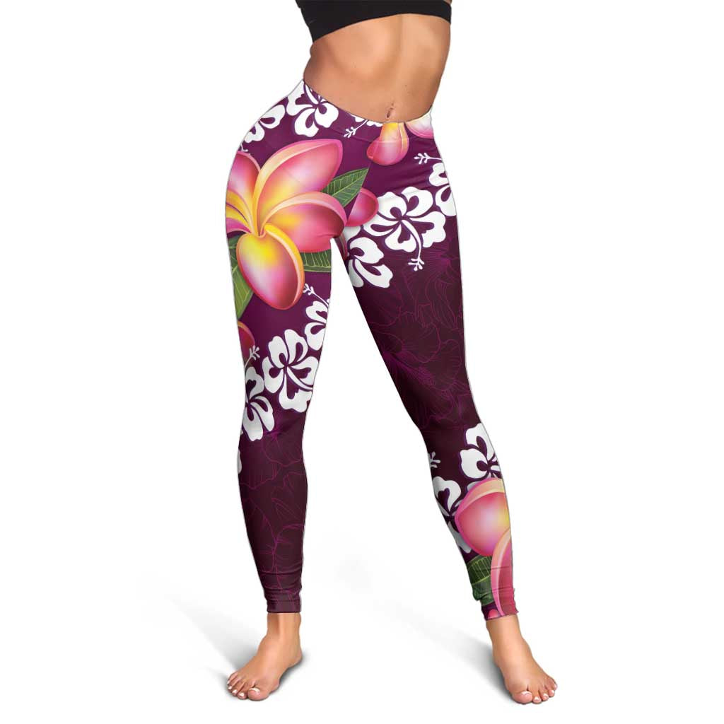 Pink Polynesia Leggings Plumeria With Hibiscus Pattern Tropical Vibes - Polynesian Pride