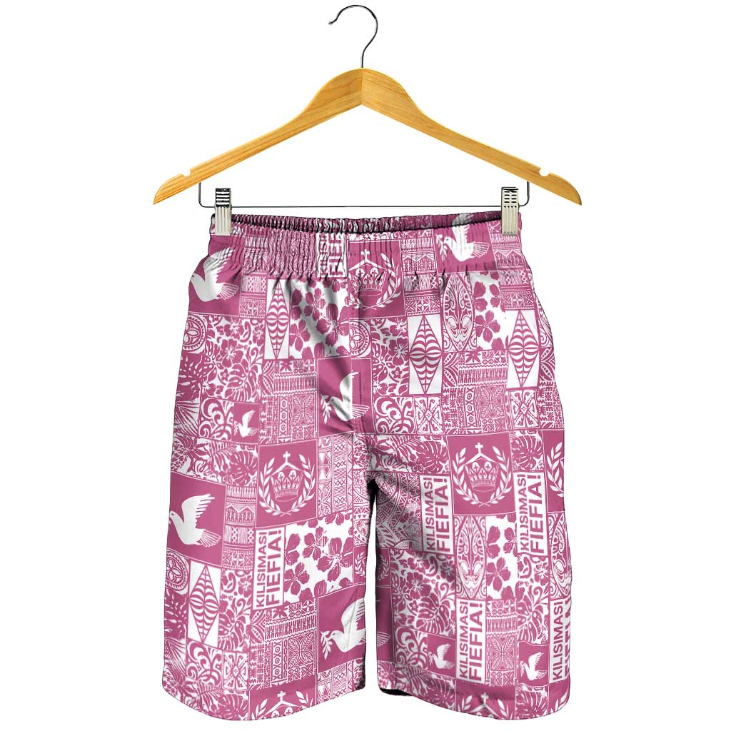 Pink Tonga Kilisimasi Fiefia Shorts for Men Pacific Patchwork Xmas Vibes - Polynesian Pride