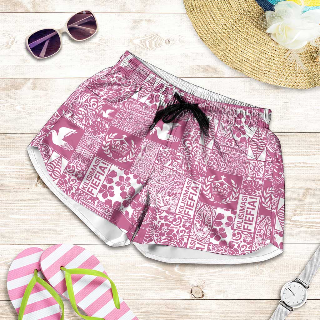 Pink Tonga Kilisimasi Fiefia Shorts for Women Pacific Patchwork Xmas Vibes - Polynesian Pride