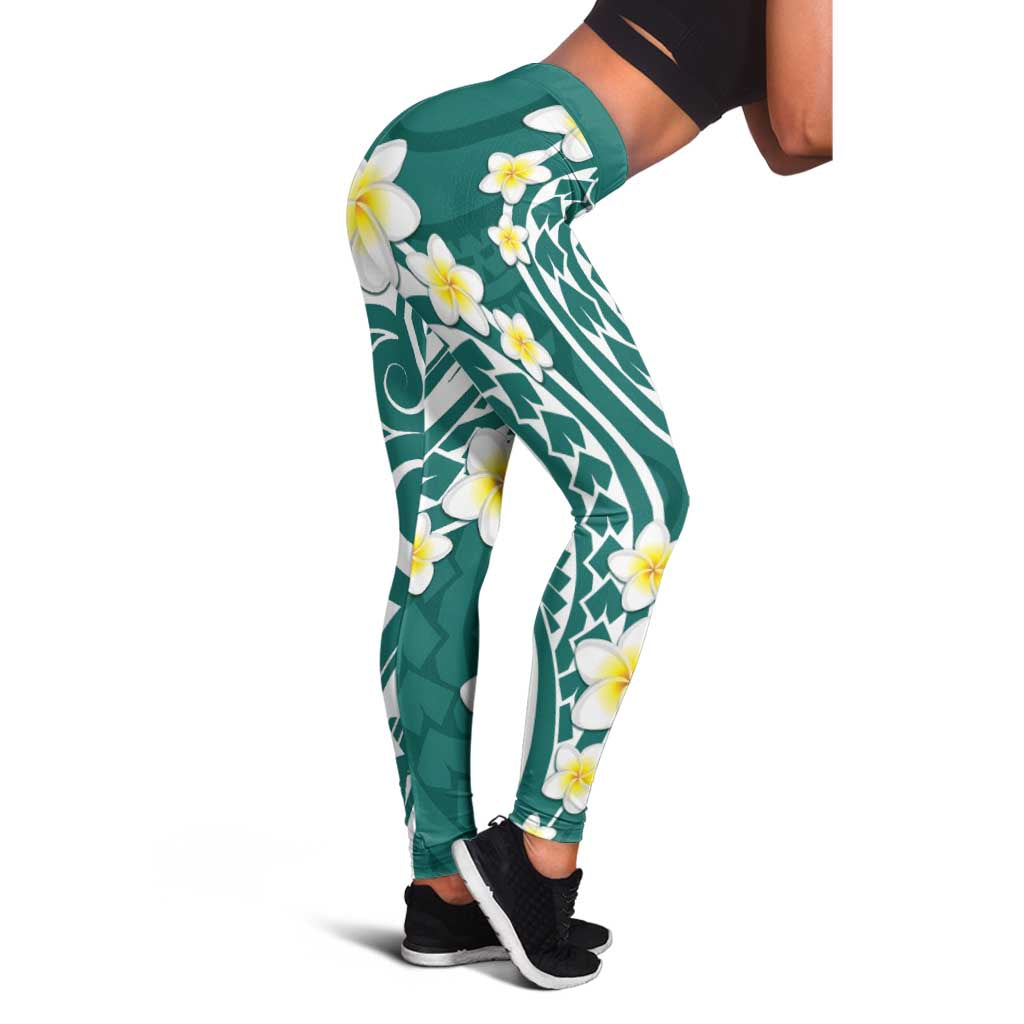 Plumeria With Teal Polynesian Tattoo Pattern Leggings - Polynesian Pride