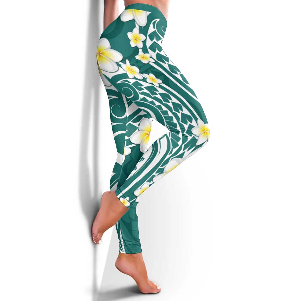 Plumeria With Teal Polynesian Tattoo Pattern Leggings - Polynesian Pride