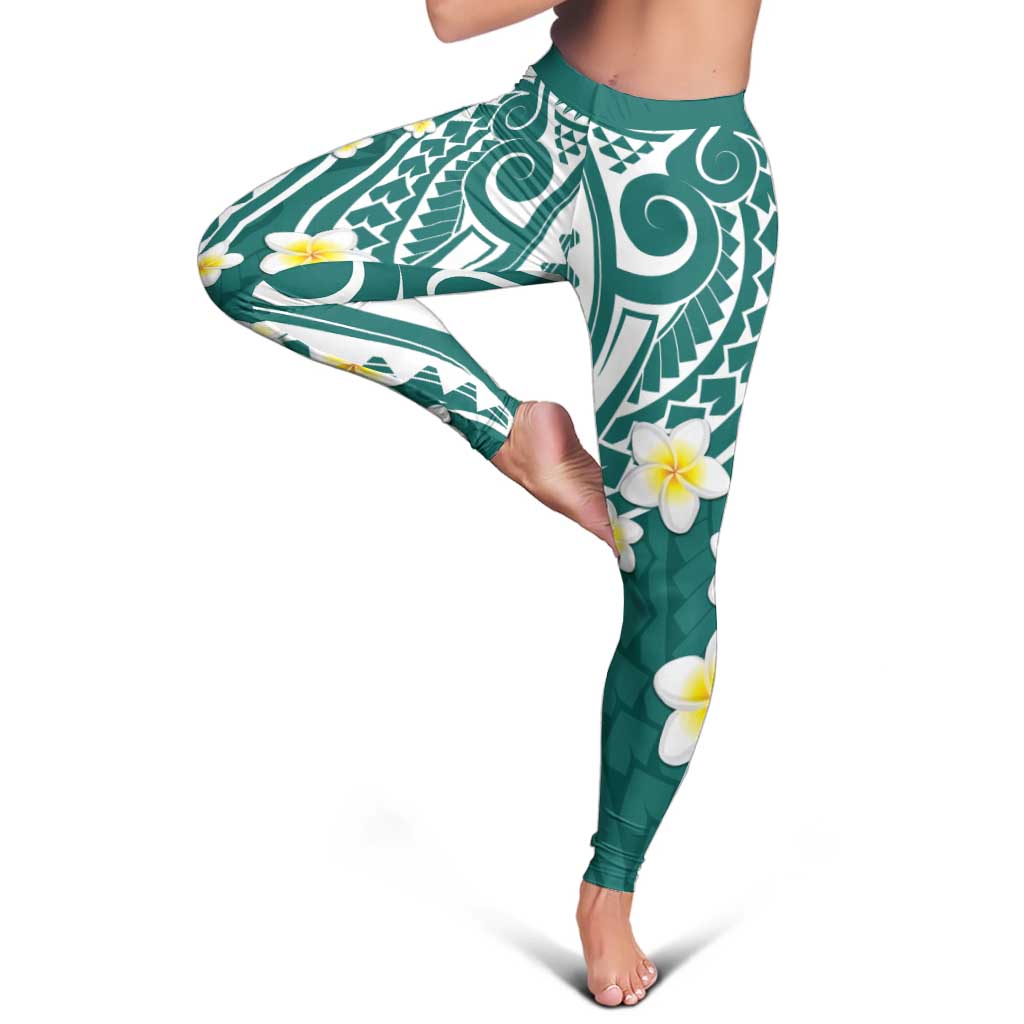 Plumeria With Teal Polynesian Tattoo Pattern Leggings - Polynesian Pride