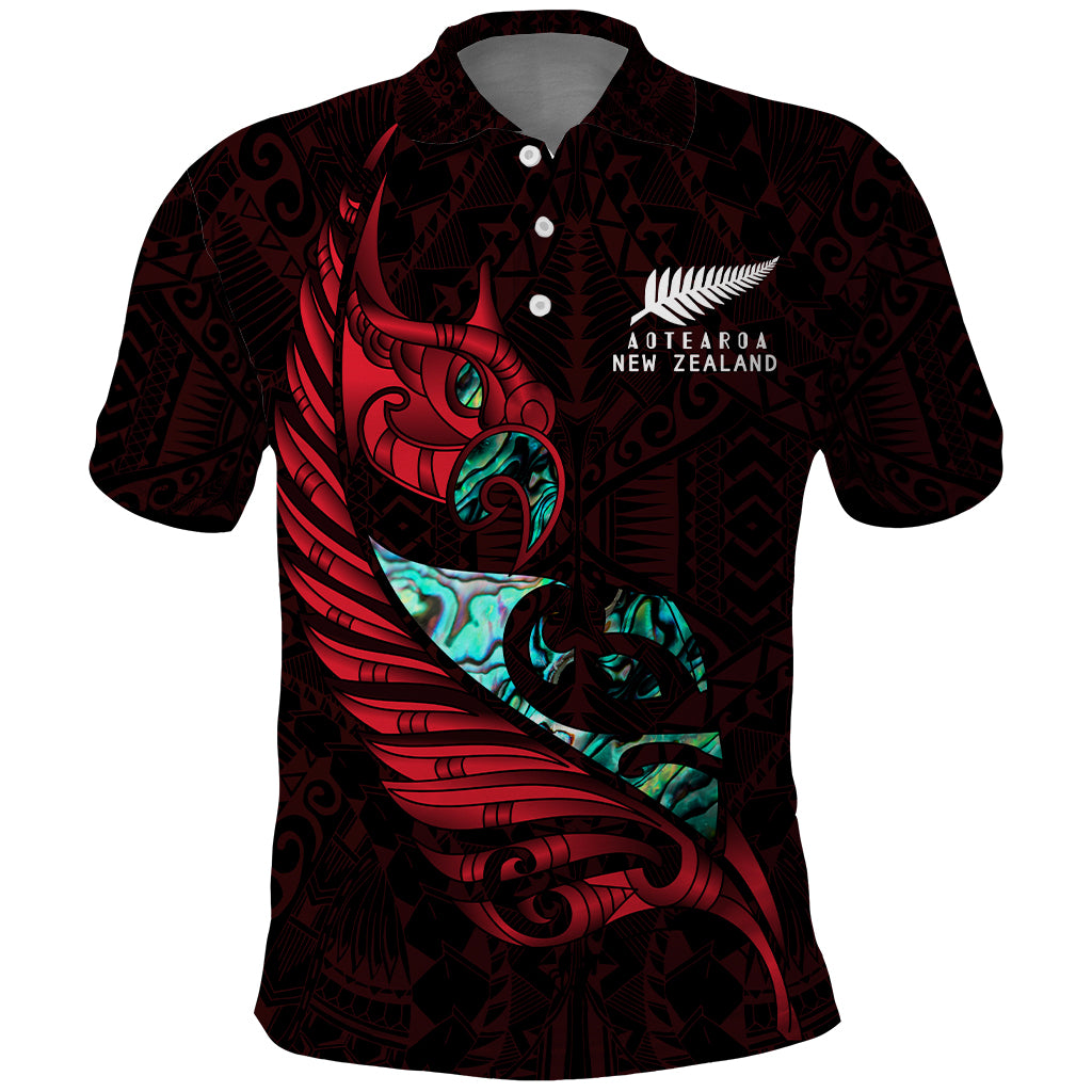 Polynesian Pride Apparel New Zealand Polo Shirt Manaia Paua Fern Wing Red