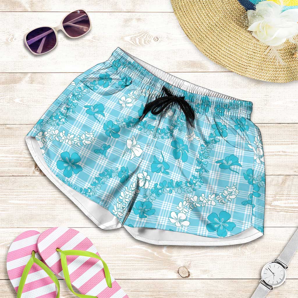 Polu Aloha Hawaii Shorts for Women Plumeria Lei With Palaka Motif LT14 Blue - Polynesian Pride