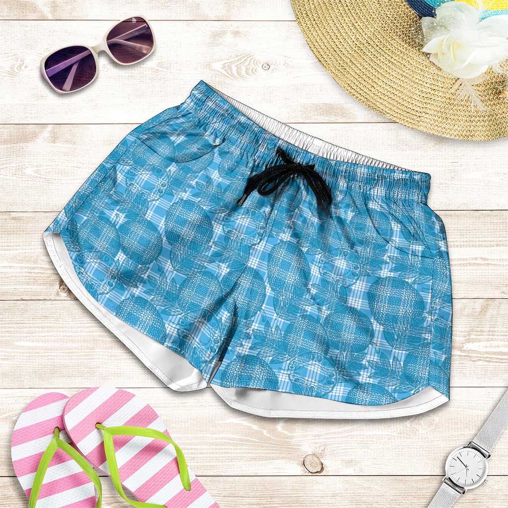 Polu Hawaii Breadfruit Palaka Motifs Shorts for Women LT14 Blue - Polynesian Pride