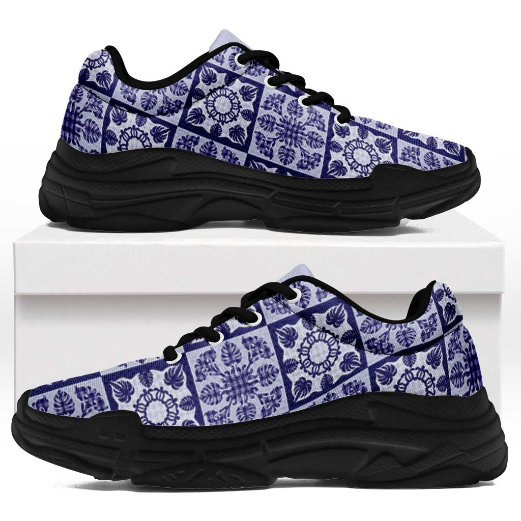 Polu Palaka Quilt Hawaii Chunky Sneakers Hawaiian Tropical Monstera Sea Turtle LT14 Blue - Polynesian Pride