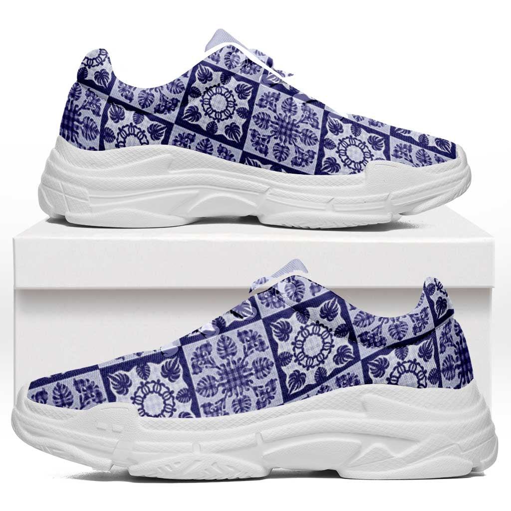 Polu Palaka Quilt Hawaii Chunky Sneakers Hawaiian Tropical Monstera Sea Turtle LT14 Blue - Polynesian Pride