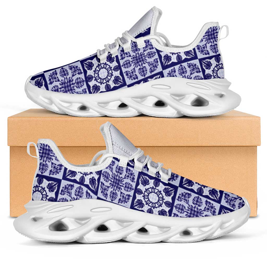 Polu Palaka Quilt Hawaii Clunky Sneakers Hawaiian Tropical Monstera Sea Turtle LT14 Blue - Polynesian Pride