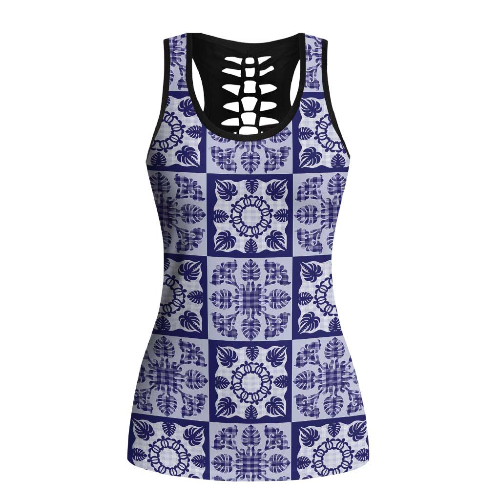 Polu Palaka Quilt Hawaii Hollow Tank Top Hawaiian Tropical Monstera Sea Turtle LT14 Female Blue - Polynesian Pride