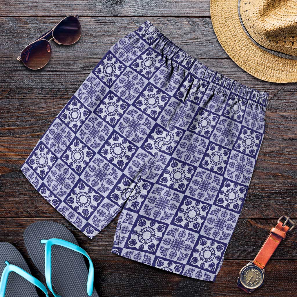 Polu Palaka Quilt Hawaii Shorts for Men Hawaiian Tropical Monstera Sea Turtle LT14 Blue - Polynesian Pride