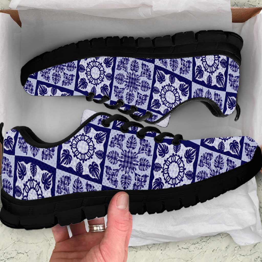 Polu Palaka Quilt Hawaii Sneakers Hawaiian Tropical Monstera Sea Turtle LT14 Blue - Polynesian Pride