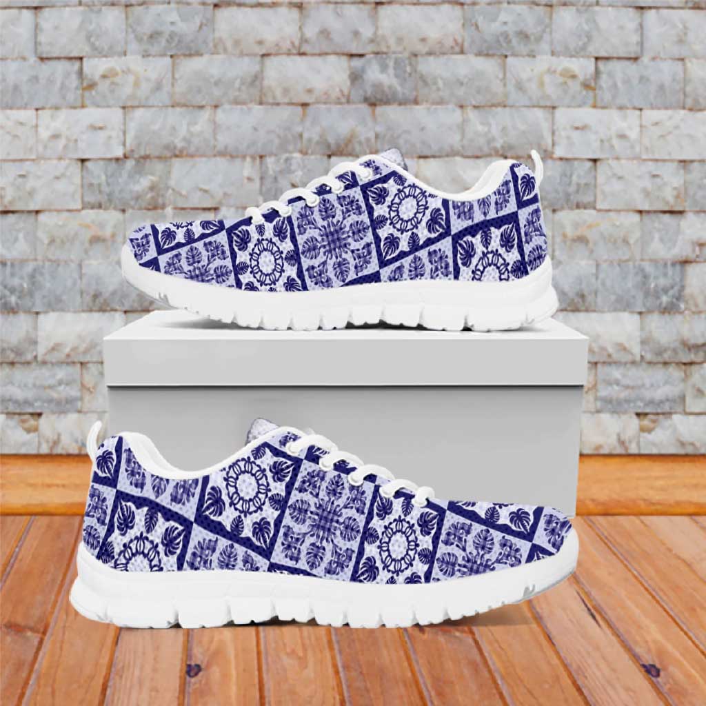 Polu Palaka Quilt Hawaii Sneakers Hawaiian Tropical Monstera Sea Turtle LT14 Blue - Polynesian Pride