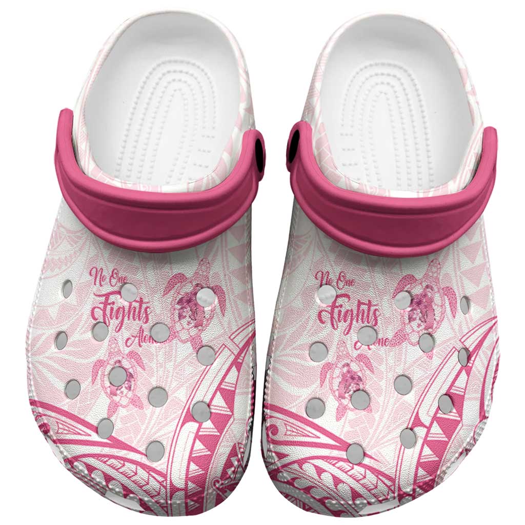 Polynesia Breast Cancer Awareness Clogs Shoes No One Fights Alone Turtle Ribbon -  Black Version