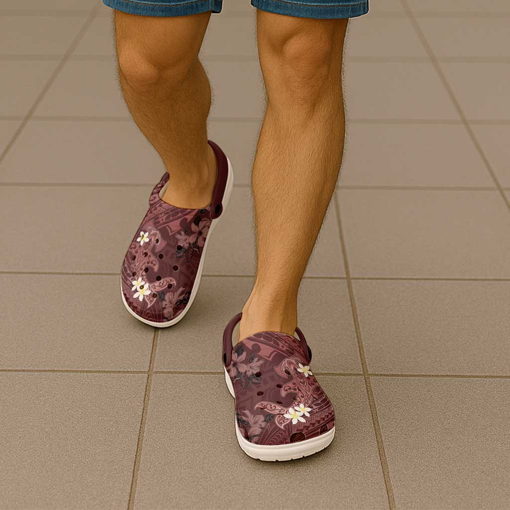 Polynesia Hammerhead Shark Clogs Shoes Tropical Flowers Tribal Pattern Oxblood - Polynesian Pride